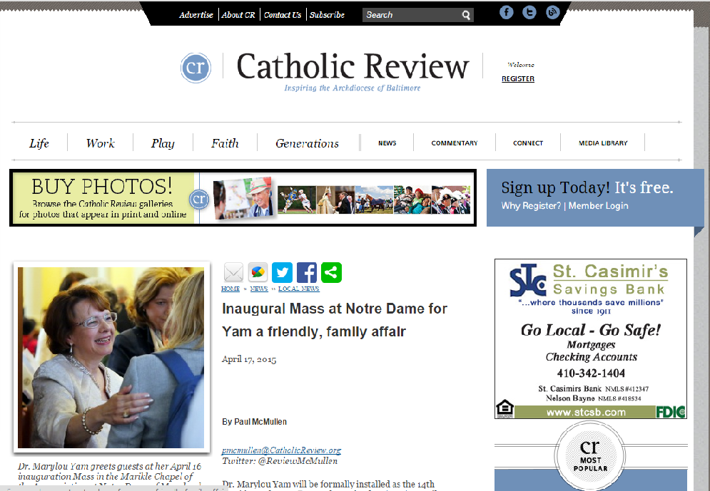 Screen shot of Catholic Review news website with photo of Dr. Yam