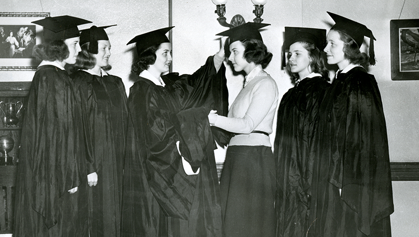 Old black and white photos of NDMU students wearing caps and gowns