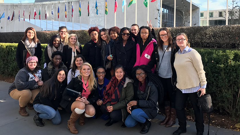 Group photo of NDMU students in front of the UN building