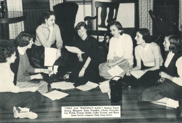 Seniors write Sing Song lyrics together in 1953. 