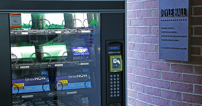 A photo of the new wellness vending machine in Doyle Hall