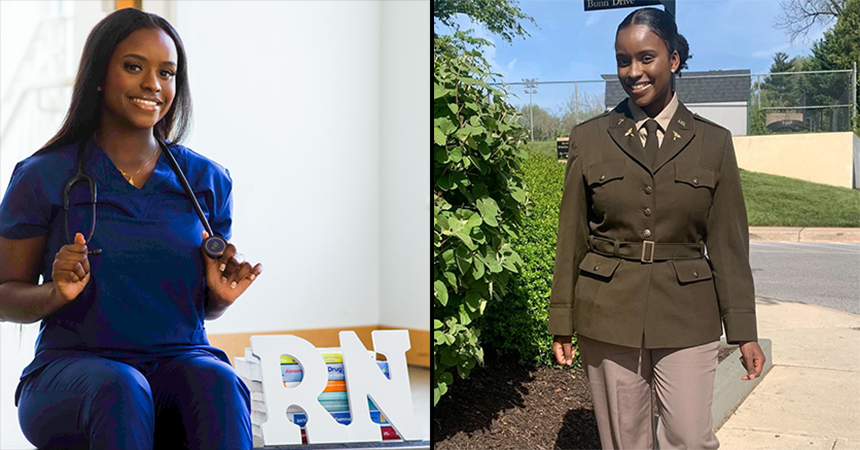 Photos of Oumou Sall in her nursing scrubs and Army uniform