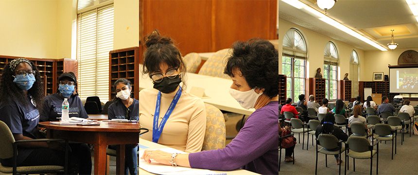 series of three photos: 3 students posing at table, faculty advising a student at desk, students and parents sitting in chairs watching presentation