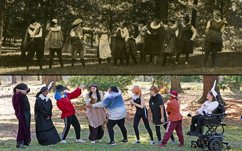 An image from the original 1923 edition of "As You Like It" (top) is recreated by current NDMU drama students (bottom)