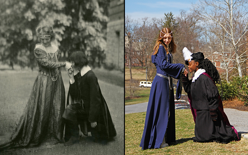 A 1925 pageant image (left) recreated by current NDMU drama students (right)