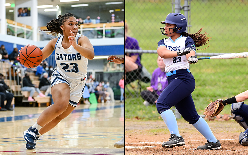 Action shots of Bethani Newbold playing basketball (left) and softball (right)