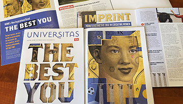 A spread of Universitas 2020 magazines, featuring the award-winning cover
