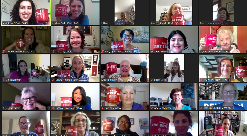 zoom screen with reunion participants holding red mugs