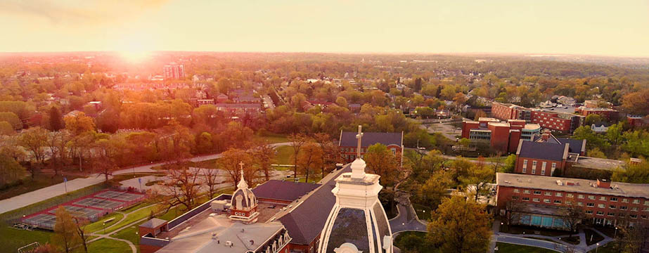 Aerial view of campus during sunset