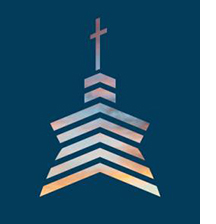 Universitas 2021 cover with a graphic depicting a tower with a cross atop it on a Navy background