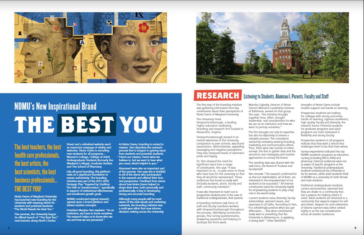 Universitas 2020 spread with feature on NDMU brand