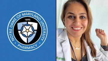 Reem Abdullah's headshot next to School of Pharmacy logo