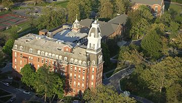 Aerial shot of campus focused on Caroline Hall