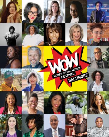 Color photo collage of headshots of some of the WOW Festival Baltimore speakers