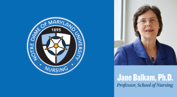 Jane Balkam headshot with circular School of Nursing logo
