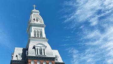 caroline hall tower with blue skies