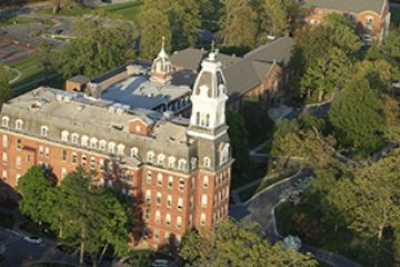 Aerial shot of campus focused on Caroline Hall