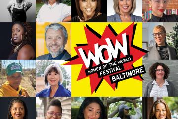 Color photo collage of headshots of some of the WOW Festival Baltimore speakers