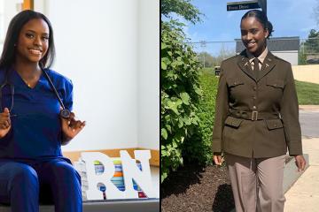 Photos of Oumou Sall in her nursing scrubs and Army uniform