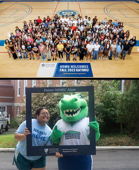 Class of 2027 group photo and student with Gabby