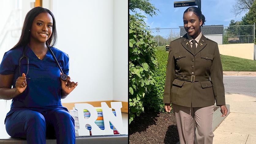 Photos of Oumou Sall in her nursing scrubs and Army uniform