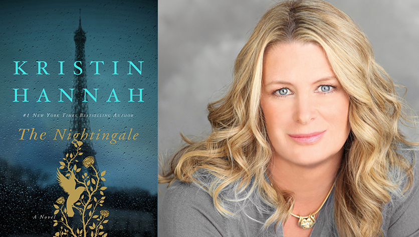 Kristin Hannah's photo and the cover of her book, The Nightingale