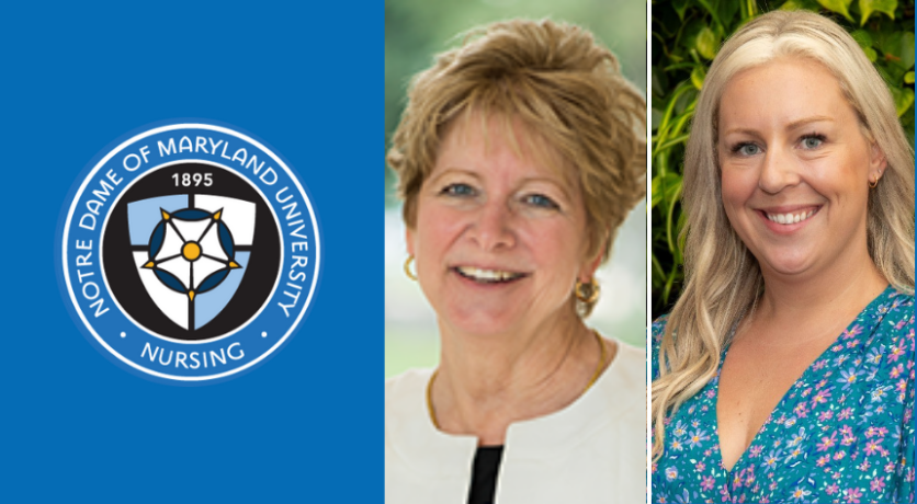 School of Nursing circle logo with headshots of Kathy Wisser and Katelyn Quarry
