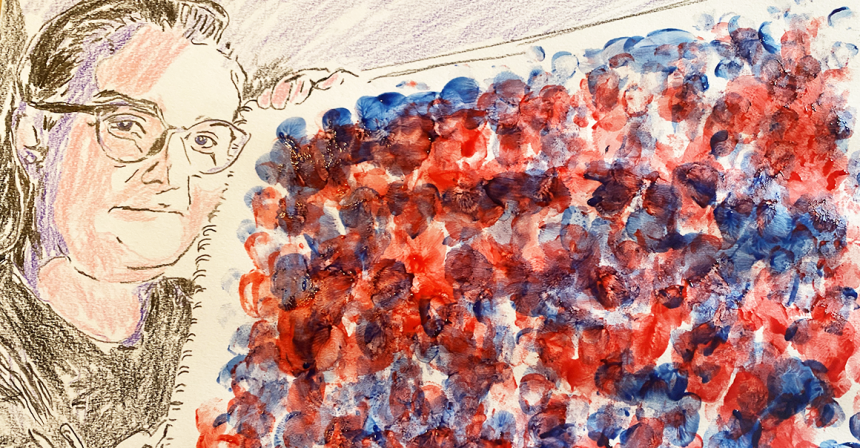 drawn portrait holding red and blue textural painting