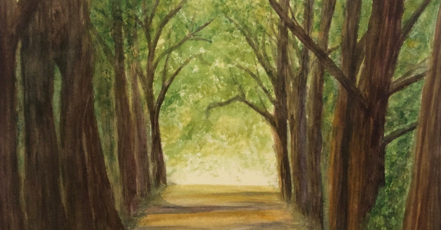 Painting of a pathway through a forest
